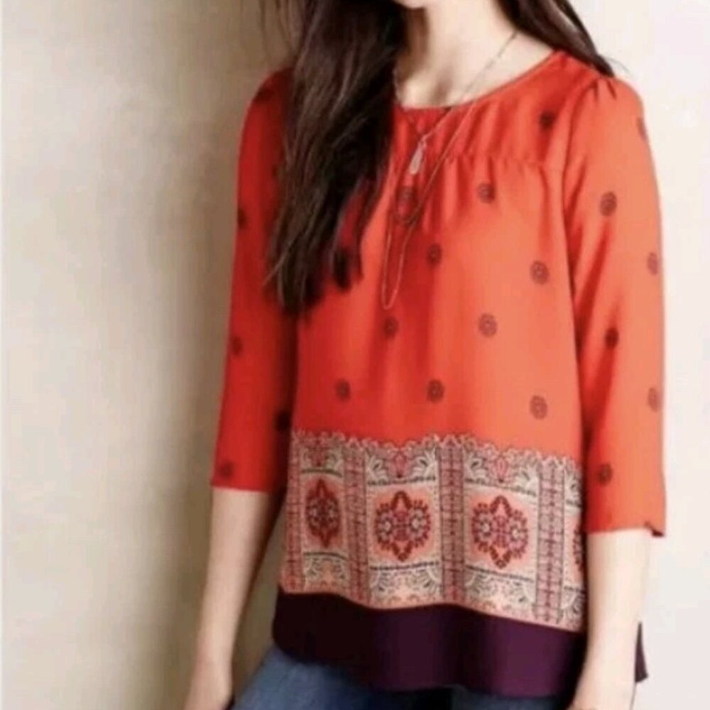 Maeve by Anthropologie Rila Border Print Blouse Size 12
